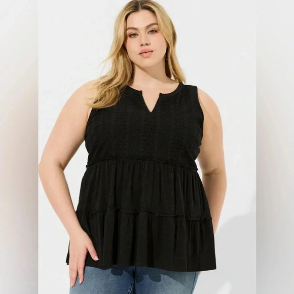 ☘️ New Torrid Vintage Slub Notch Neck Lace Babydoll Top, Size 0 (12), Deep Black - Picture 1 of 9